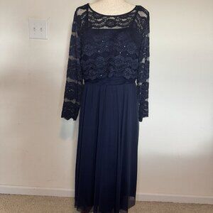 R&M Richards Dress & Attached Overlay Size 14 Navy Blue Lace Sequins 46” Long